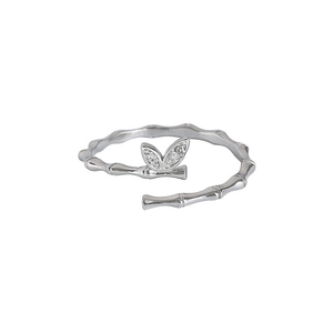 Elegant 18k gold plated bamboo leaf open ring with sparkling zircon stones in silver finish