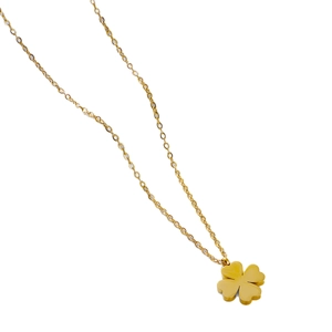 Minimalist gold clover pendant necklace for women with fine cable chain on white background