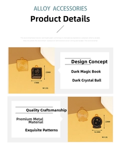 Detailed view of dark magic book and crystal ball alloy charms showing measurements