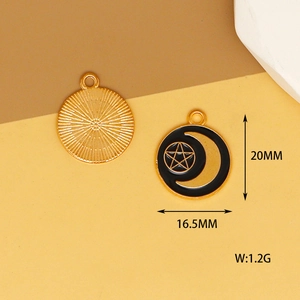 Detailed view of tarot-style moon and pentagram alloy charm with size dimensions