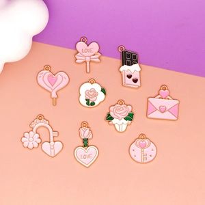 Mixed Valentine's Day enamel charms featuring pink hearts, roses, and chocolate designs.