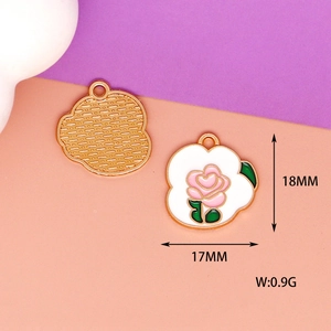 Close-up of rose heart alloy charm showing 18mm x 17mm dimensions and back texture