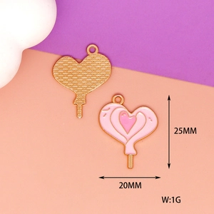 Detailed view of a pink heart lollipop enamel charm showing 25mm x 20mm dimensions