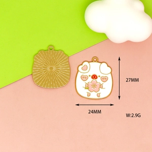 Detailed view of cute white pig enamel pendant charm showing 27mm height and 24mm width