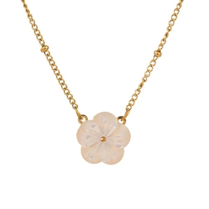 Elegant gold titanium steel necklace with peach blossom shell pendant on white background