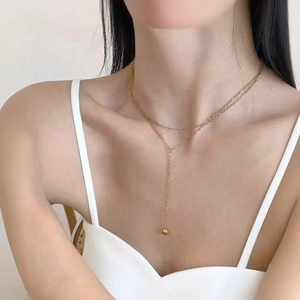 Double Layer Y Necklace Stainless Steel Minimalist Gold Bead Tassel Pendant Fashion Jewelry For Women