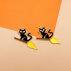 Detailed close-up of Halloween black cat on broomstick alloy charms for DIY jewelry making