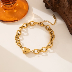 Golden heart pendant chunky link bracelet set in stainless steel for women