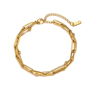 Double-layer gold stainless steel paperclip and bead chain bracelet with lobster clasp