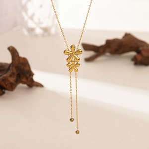 Double Flower Pendant Necklace Gold Plated Stainless Steel Y-Shaped Tassel Fringe Elegant Fashion Jewelry For Women
