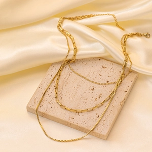 Elegant 18K gold-plated triple-layer stainless steel necklace with rectangular links