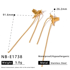Gold stainless steel hummingbird long chain earrings with 91.6mm length measurement