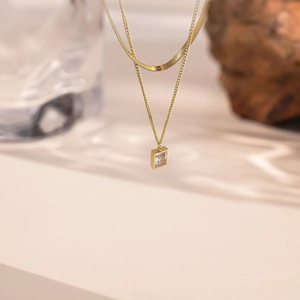 Double Layer Snake Chain Necklace 304 Stainless Steel Gold Plated Square Zircon Pendant Minimalist Jewelry For Women