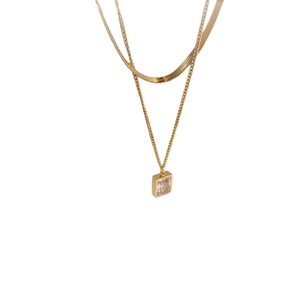 Double-layered gold titanium steel necklace with snake chain and square pendant