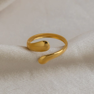 Minimalist Water Drop Open Ring 18K Gold Plated Stainless Steel Adjustable Teardrop Statement Jewelry For Women