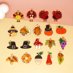 Detailed collection of colorful enamel Thanksgiving charms featuring turkeys and pumpkins