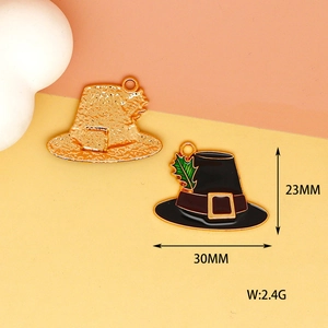 Detailed view of pilgrim hat enamel charm showing front and back with 30x23mm size