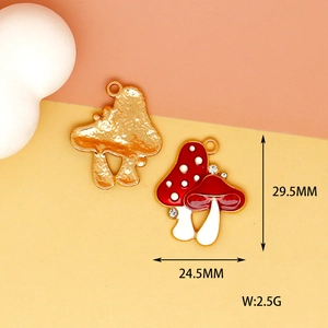 Detail view with measurements showing red enamel mushroom charms for DIY jewelry making