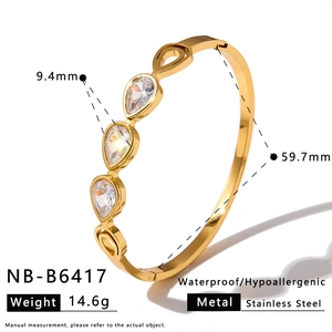 Gold-plated hollow teardrop zircon stainless steel bangle details with dimensions