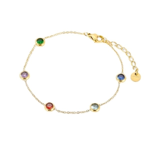 Gold titanium steel necklace with five multi-colored round zircons and lobster clasp closure