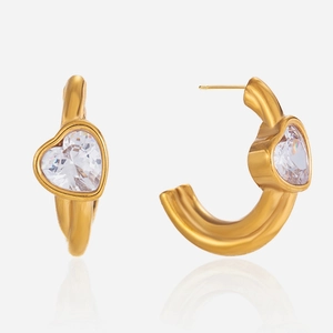Stainless Steel Heart Rhinestone C-Shaped Stud Earrings For Women Light Luxury Gold Plated Fashion Jewelry Accessory