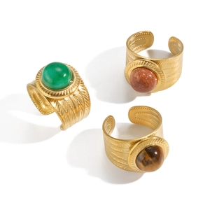 Vintage 18K gold plated stainless steel wide open rings with natural stone inlays