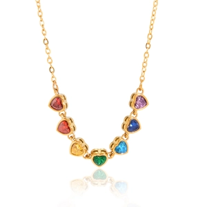Minimalist stainless steel necklace with seven colorful heart-shaped crystal pendants