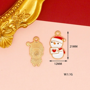 Detalle macro del colgante de esmalte muñeco de nieve navideño con dimensiones 21mm y dorso.