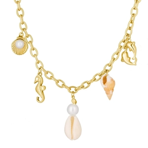 Golden ocean shell necklace with seahorse and pearl charms for summer vacation style