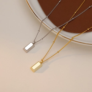Minimalist gold and silver titanium steel rectangular bar necklaces with beaded chain decor