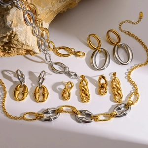 Detail shot of mixed gold and silver tone chain necklace and circular earrings set