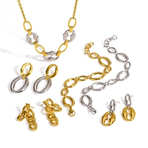 Close-up detail shot of gold and silver stainless steel interlocking link jewelry set.