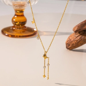 Collier En Y En Acier Inoxydable Plqué Or Pendentif Étoile Papillon Pompon Zircon Bijoux Fins Pour Femmes Inoxydable