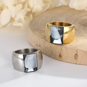 Elegant luxury wide band stainless steel ring featuring a gray rectangular faceted crystal