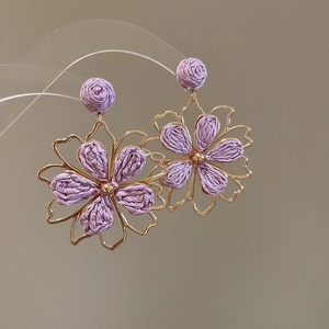 Elegant purple woven flower pendant earrings with gold-tone frame in light luxury style