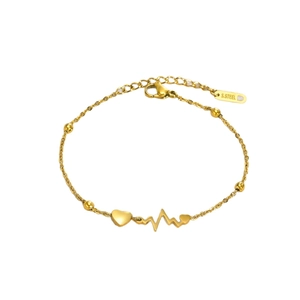 Elegant gold stainless steel heart and heartbeat bracelet with polished bead accents