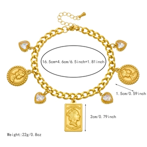 Gold stainless steel link bracelet with vintage portrait coins and heart zircon pendants