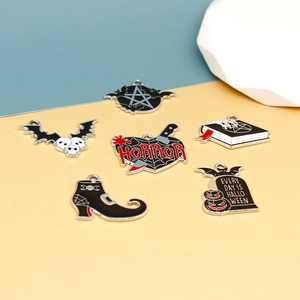Breloques d'Halloween en émail avec motifs de crâne, chauve-souris et tombe pour DIY