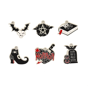 Lot de 6 breloques d'Halloween effrayantes en émail noir et rouge pour bijoux DIY