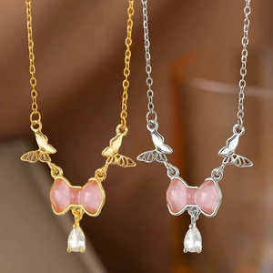 Butterfly Bowknot Pendant Necklace 304 Stainless Steel Copper Pink Cat Eye Stone Zircon Sweet Elegant For Women