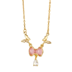 Elegant gold-plated butterfly necklace with pink bow stone and teardrop zircon pendant