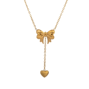 Elegante goldene Schleifen-Halskette mit Herzanhänger und Y-Kette aus Edelstahl