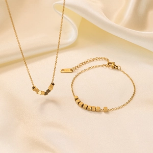 Minimalist Cube Beads Necklace And Bracelet And Anklet Stainless Steel 18K Gold Plated Geometric Elegant Women