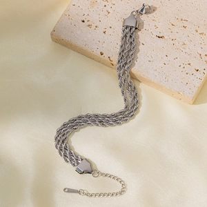 Bracciale a tripla catena a fune in acciaio inossidabile argento con chiusura a moschettone