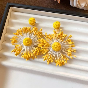 Close-up of vibrant yellow dopamine-style resin flower earrings on a white tray