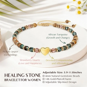 Detail showing 4mm natural gemstone beads and 14K gold-plated heart charm bracelet