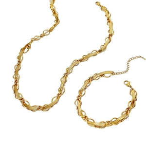 18K gold braided necklace and bracelet set with twisted snake chain and lobster clasp