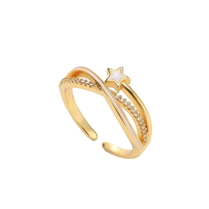 Elegant 18k gold plated double layer star ring with sparkling zircons and white enamel