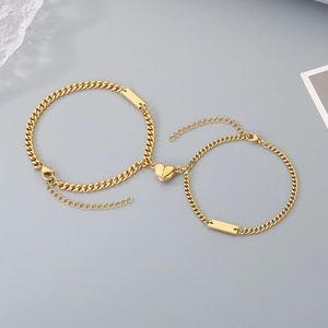 Gold magnetic heart couple bracelets with engravable plates and cuban chains