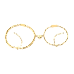 Gold stainless steel magnetic heart bracelets for couples with engravable blank bar